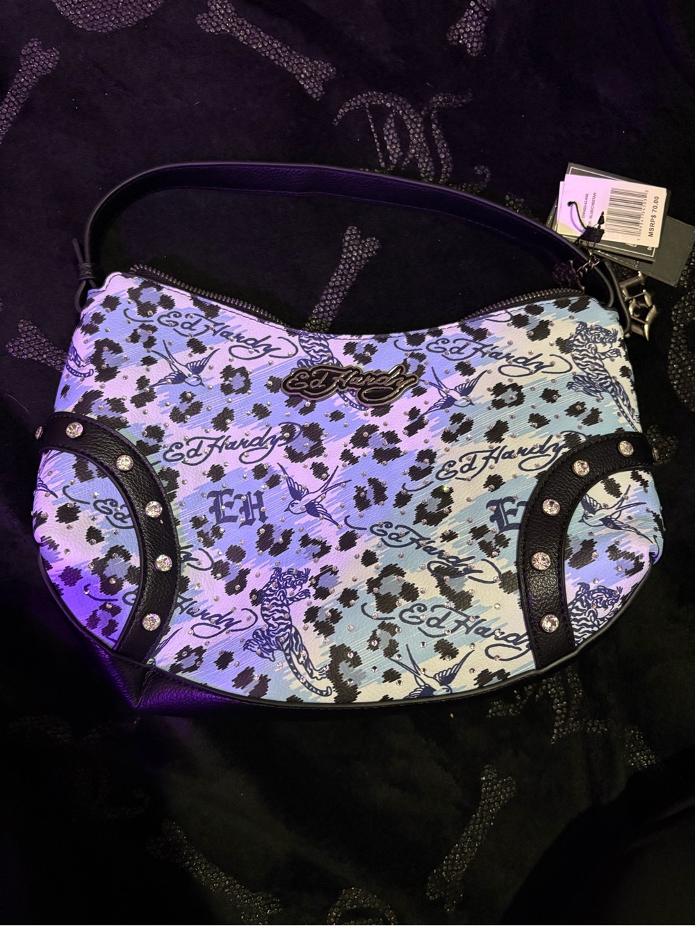 Ed Hardy Blue and Black Graphic Logo Shoulder Bag